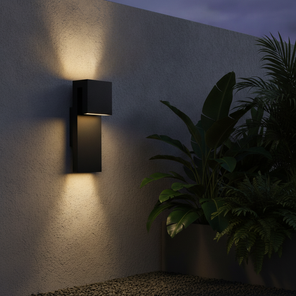 Black wall sconce washing warm light down a concrete garden wall at dusk