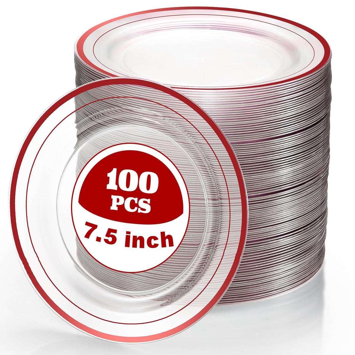 Clear Plastic Dessert Plates with Red Rim, 7.5 in, 100 pc