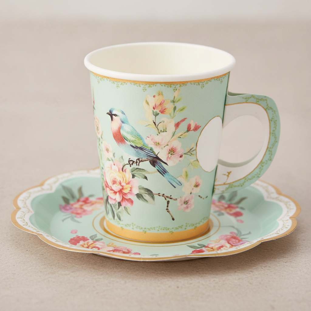Close-up of mint green floral and bird print on a disposable paper tea cup and scalloped plate