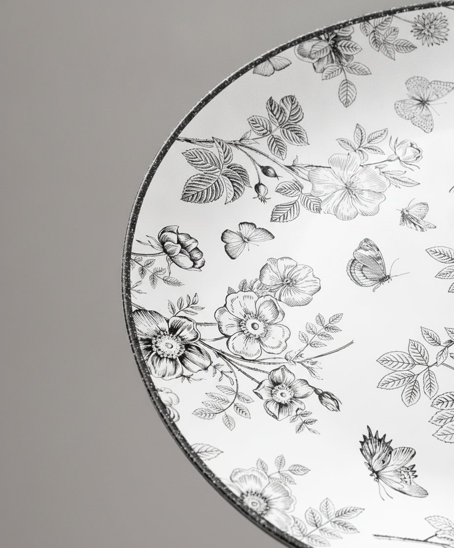Macro close-up of black and white floral-toile disposable plastic plate and black rim