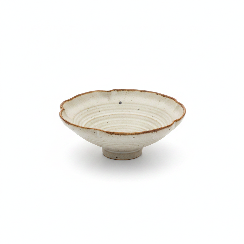 Cream speckled stoneware petal-rim bowl with amber edge on a white background