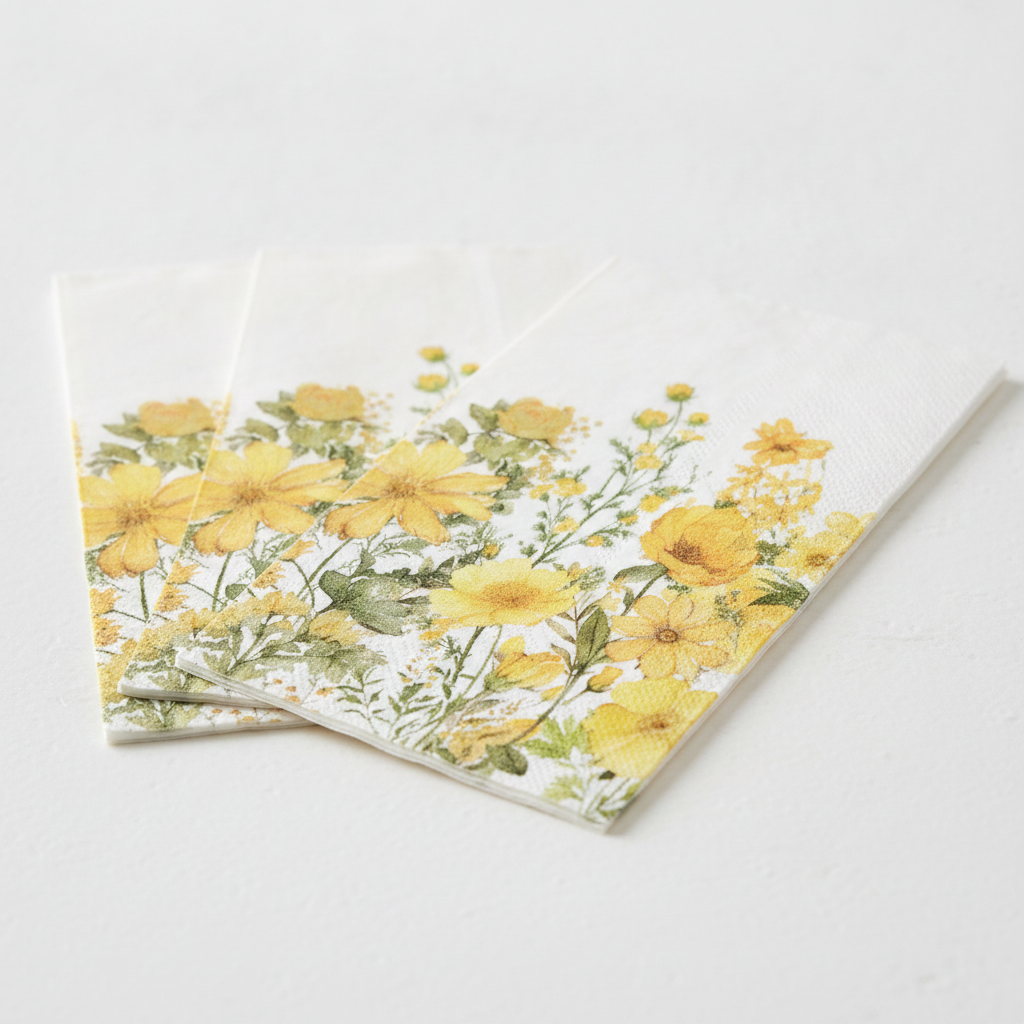 Close-up of yellow calliopsis watercolor floral print on matte paper napkins