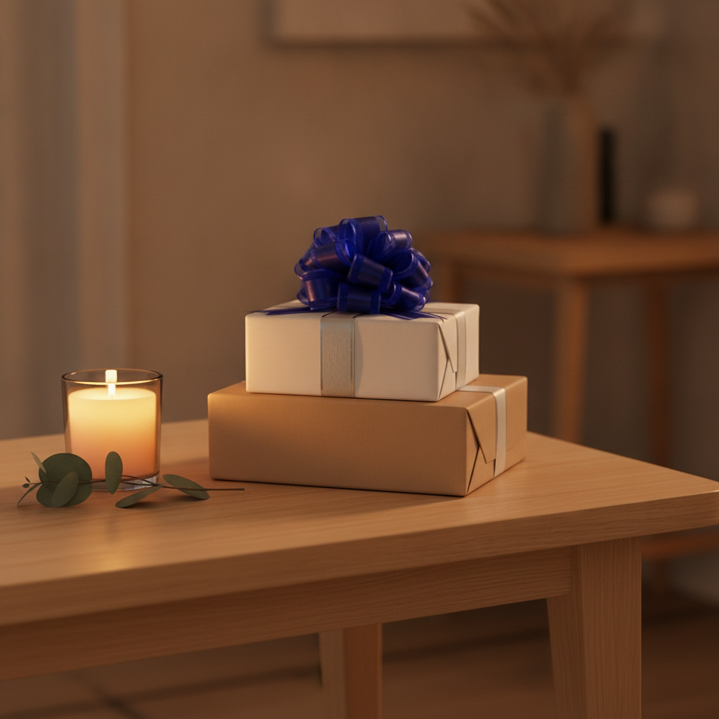 Wrapped gifts topped with royal blue pull bows on a wood table with candle
