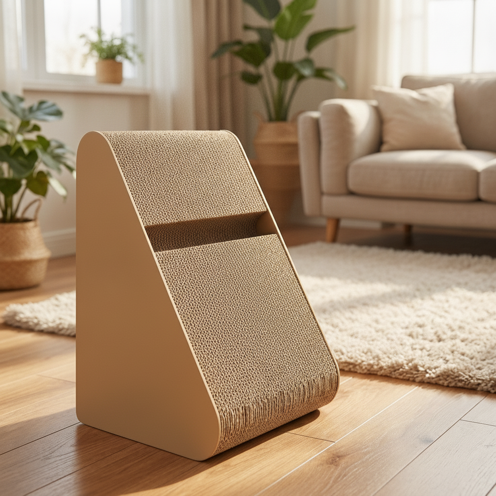 Light brown variant of triangle corrugated cardboard cat scratcher in a living room