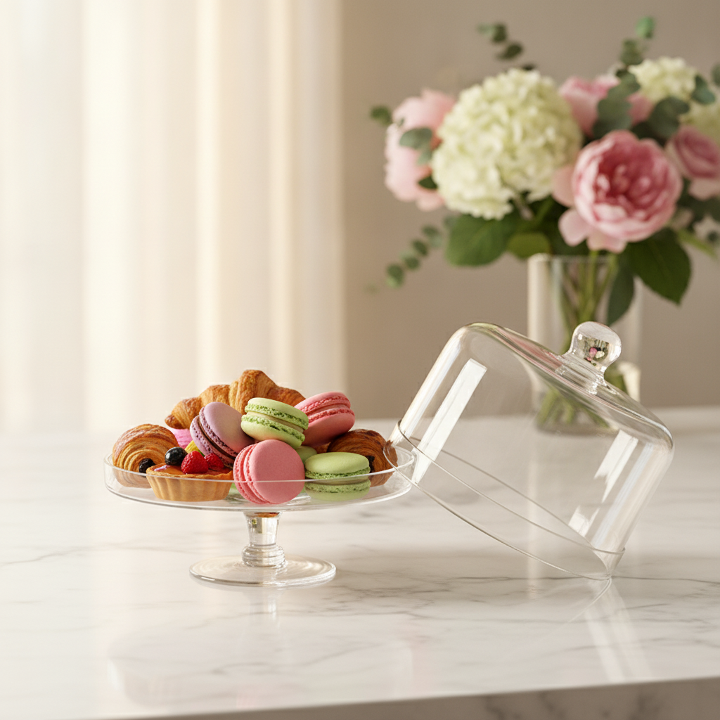 Glass cake stand holding macarons and pastries with the dome lifted on marble
