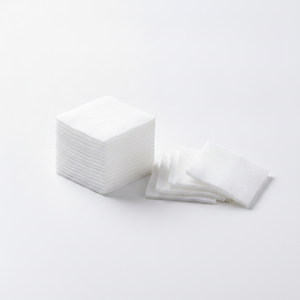 Neat stack of soft square white cotton makeup remover pads on a white studio background