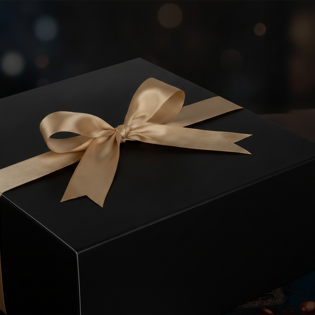 Macro detail of the gold champagne satin ribbon bow on a matte black gift box lid