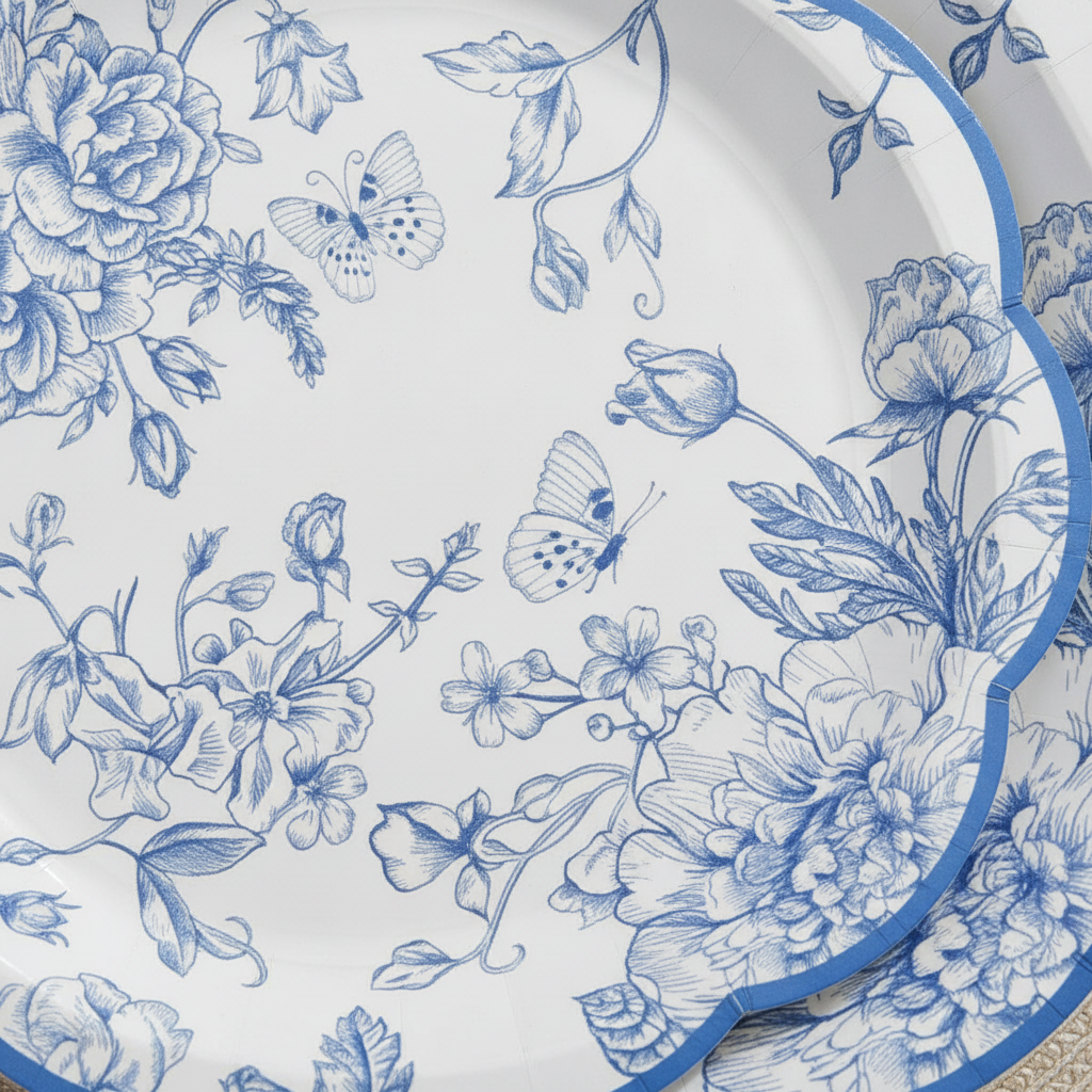 Macro detail of the blue chinoiserie floral print and scalloped blue rim on a white paper plate