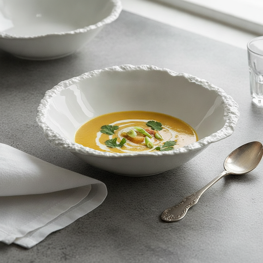 Vetta stone-glaze bowl with a fine-dining bisque soup plated inside