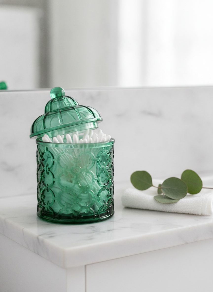 Green glass canister open on a marble bathroom shelf holding cotton swabs and pads