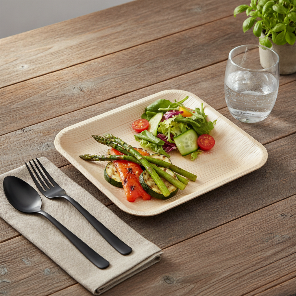 Palm leaf rectangular plate plated with a fresh salad and dark flatware at a rustic place setting