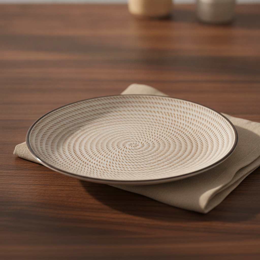 Annual Ring pattern Japanese porcelain plate, warm brown concentric tree-ring spiral