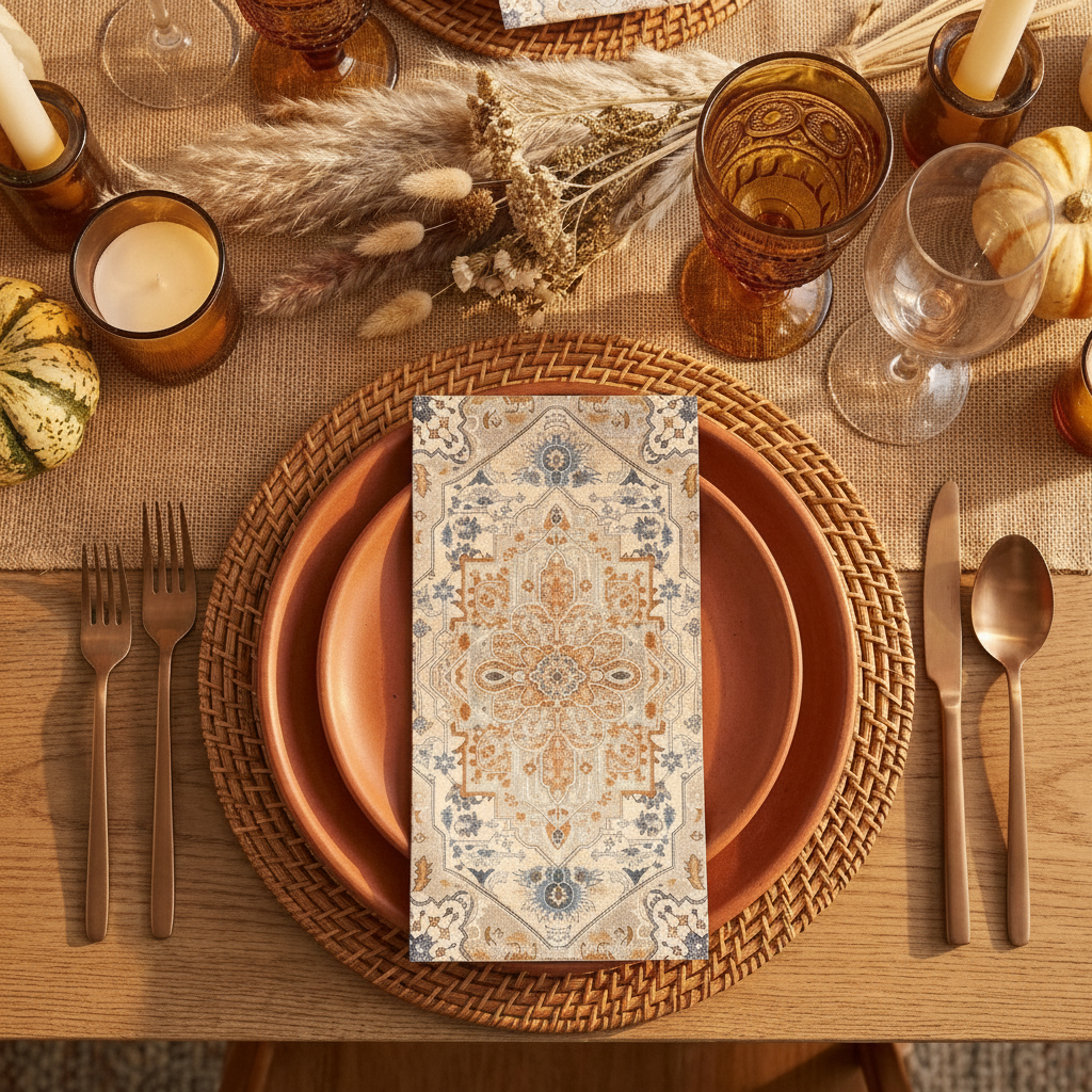 Folded rectangular boho paper guest napkin on a terracotta plate in an autumn place setting