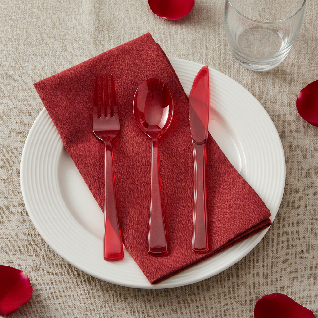 Festive red plastic cutlery on a white plate with a red napkin party place setting
