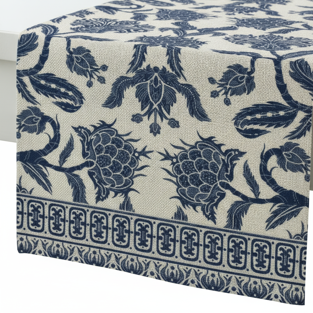 Close-up of the woven linen texture and indigo floral print on the table runner