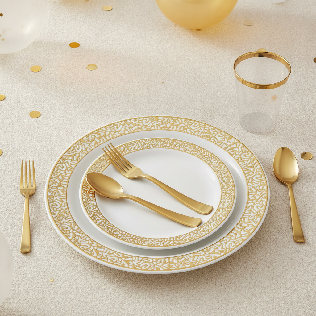 Angled close-up of a white plate with gold lace rim and gold cutlery