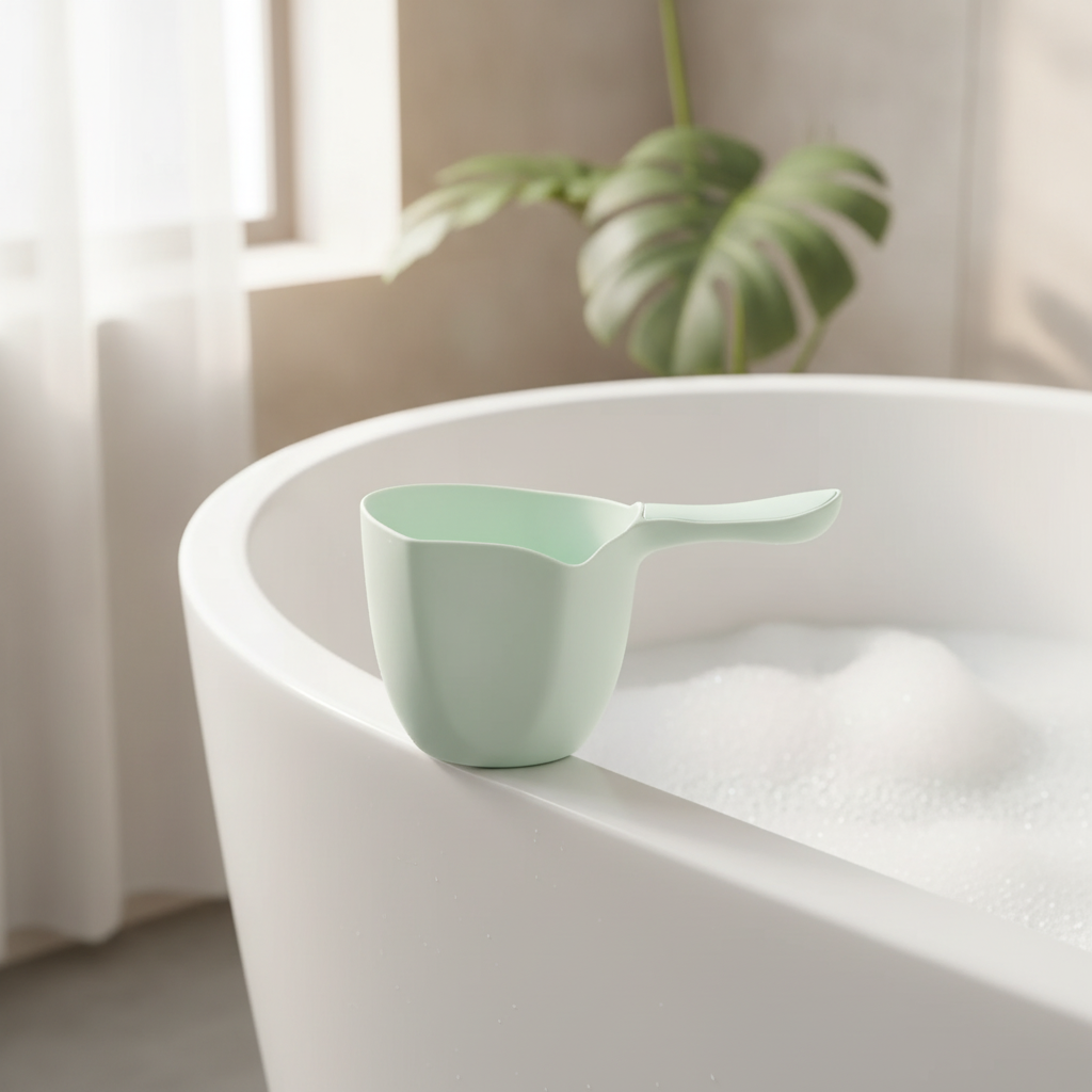 Mint green bath rinse cup resting on a modern bathtub edge with bubbles