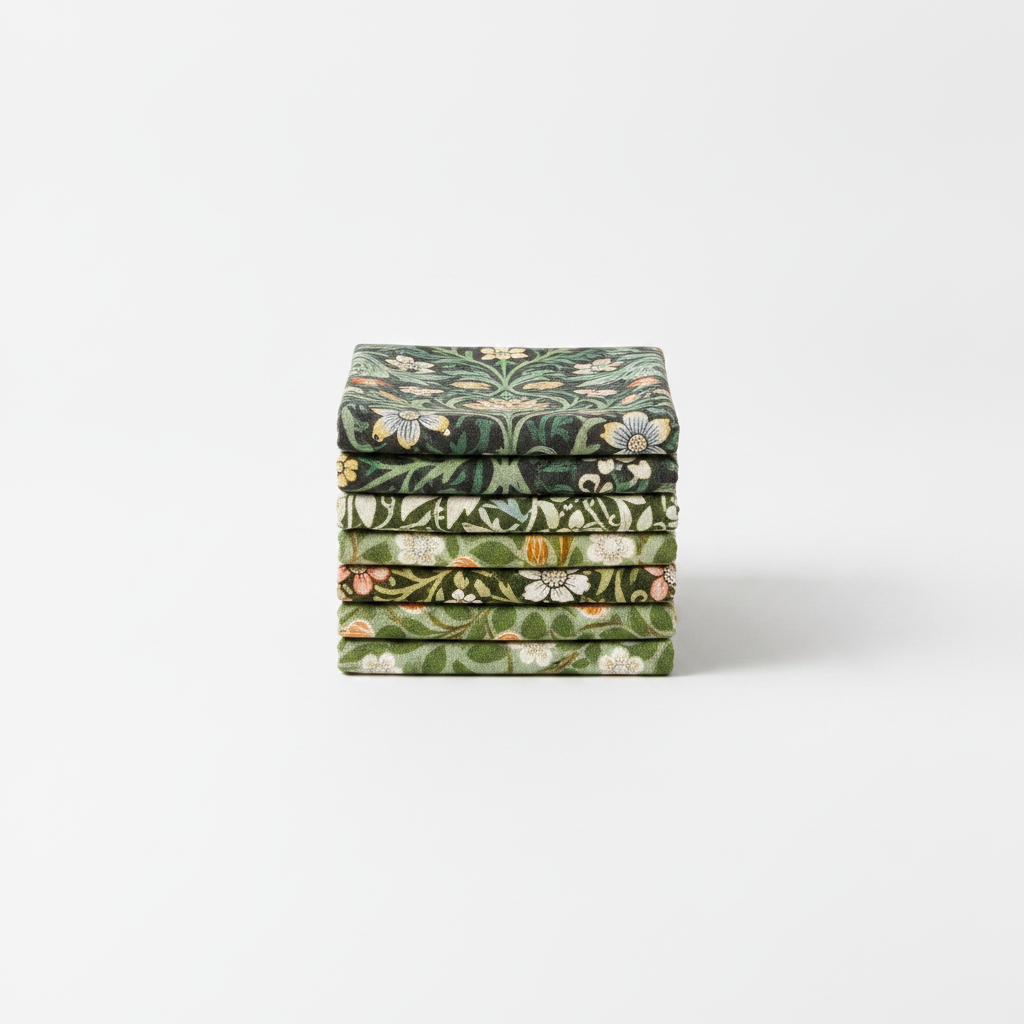 Folded stack of William Morris style green and cream floral microfiber tea towels on white