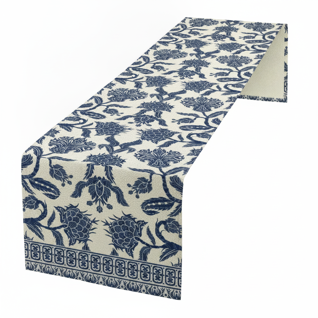 Blue chinoiserie floral table runner draped on a clean white surface