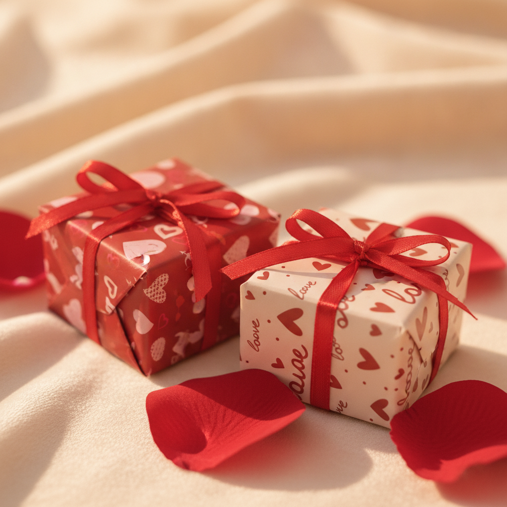 Gifts wrapped in red and pink Valentine heart wrapping paper with rose petals