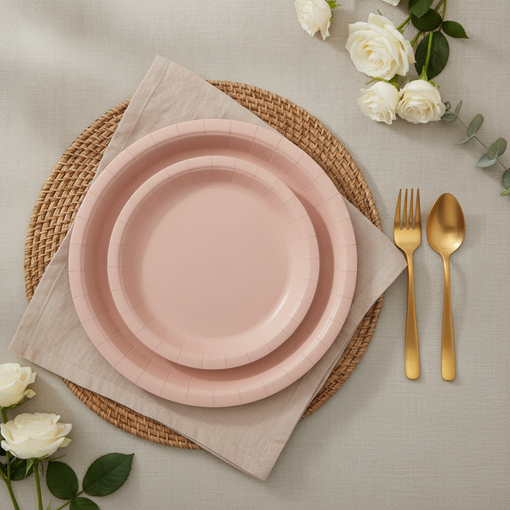 Dusty pink gradient paper plates overhead place setting with gold cutlery and white roses
