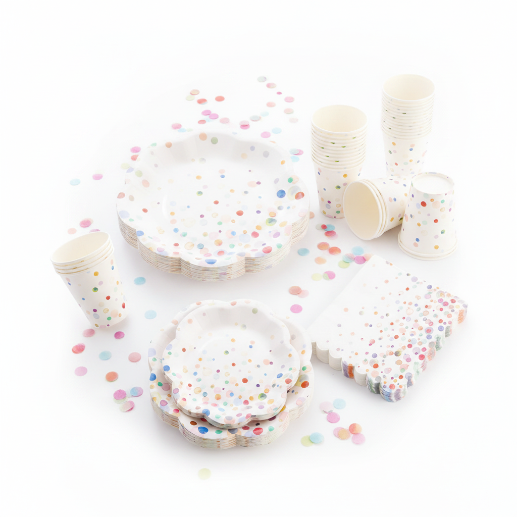 Overhead flat-lay of confetti polka-dot paper plates, cups and napkins with confetti
