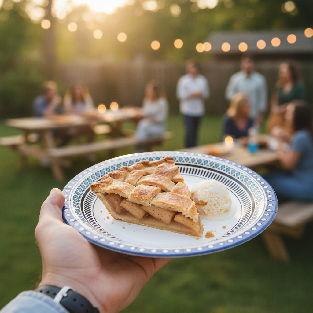 Hand holding a blue-bordered white paper plate with pie at a barbecue