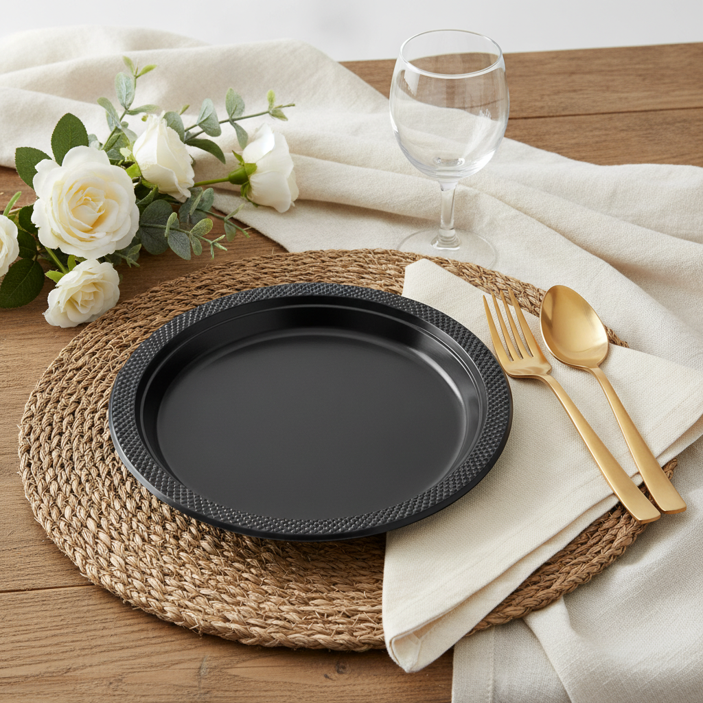 Black disposable plastic plates place setting — solid black round plates with textured rim, gold flatware