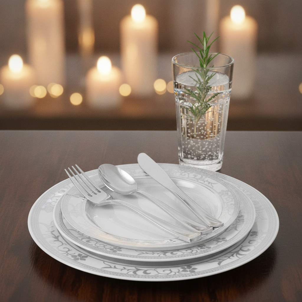 Single place setting with stacked silver-rim plates and silver flatware at a candlelit reception