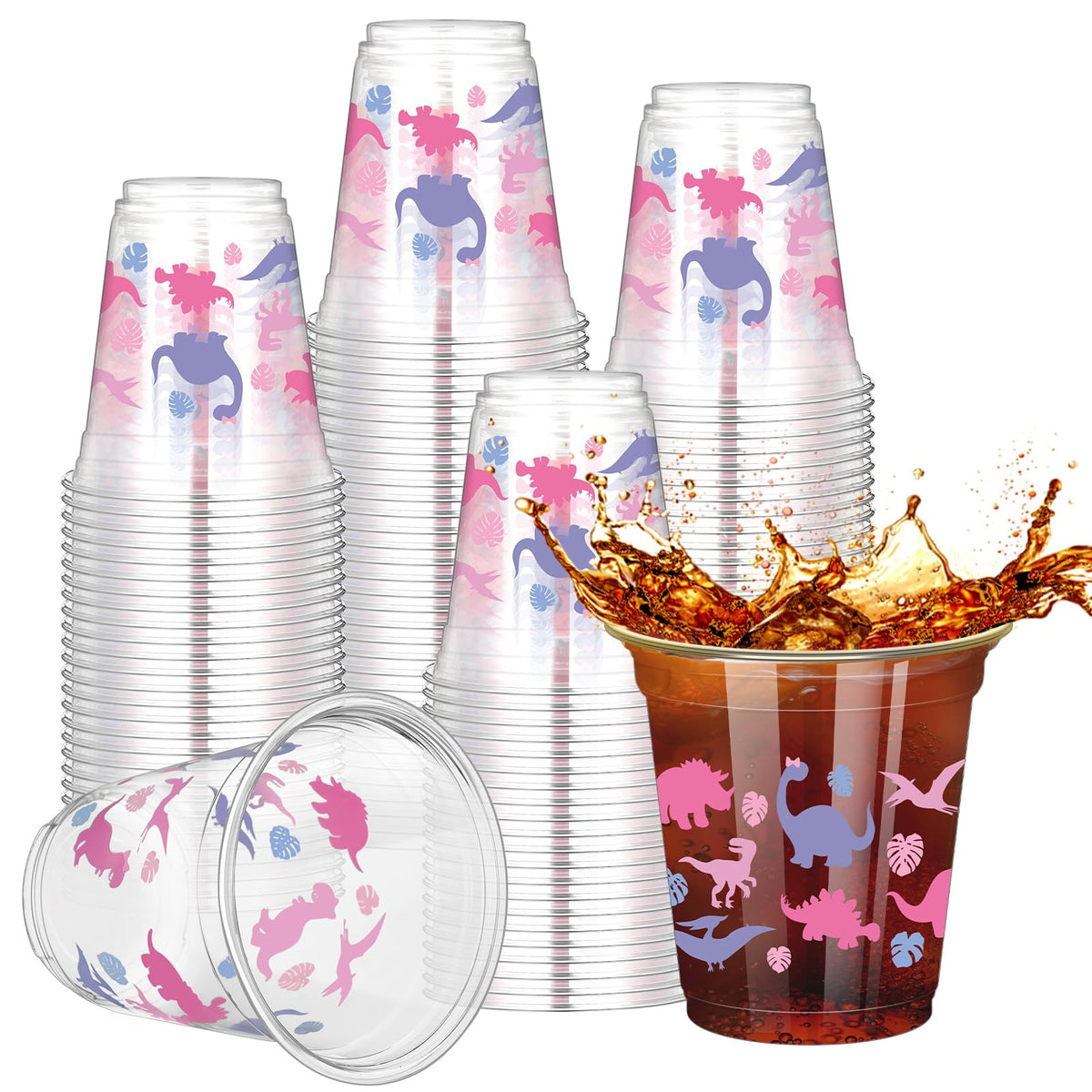 Stack of 50 dinosaur 12 oz plastic party cups showing colorful dino print and sturdy construction