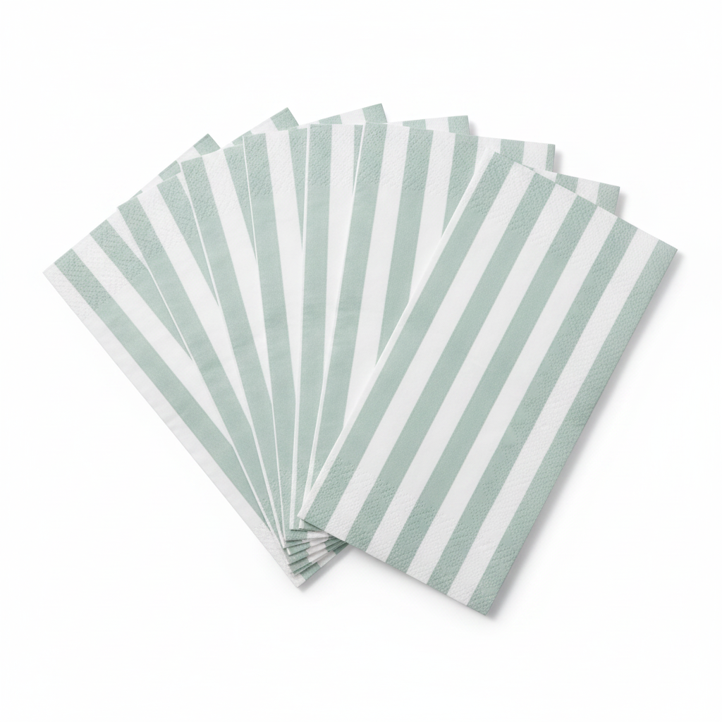 Fanned stack of sage green and white striped paper guest napkins on white