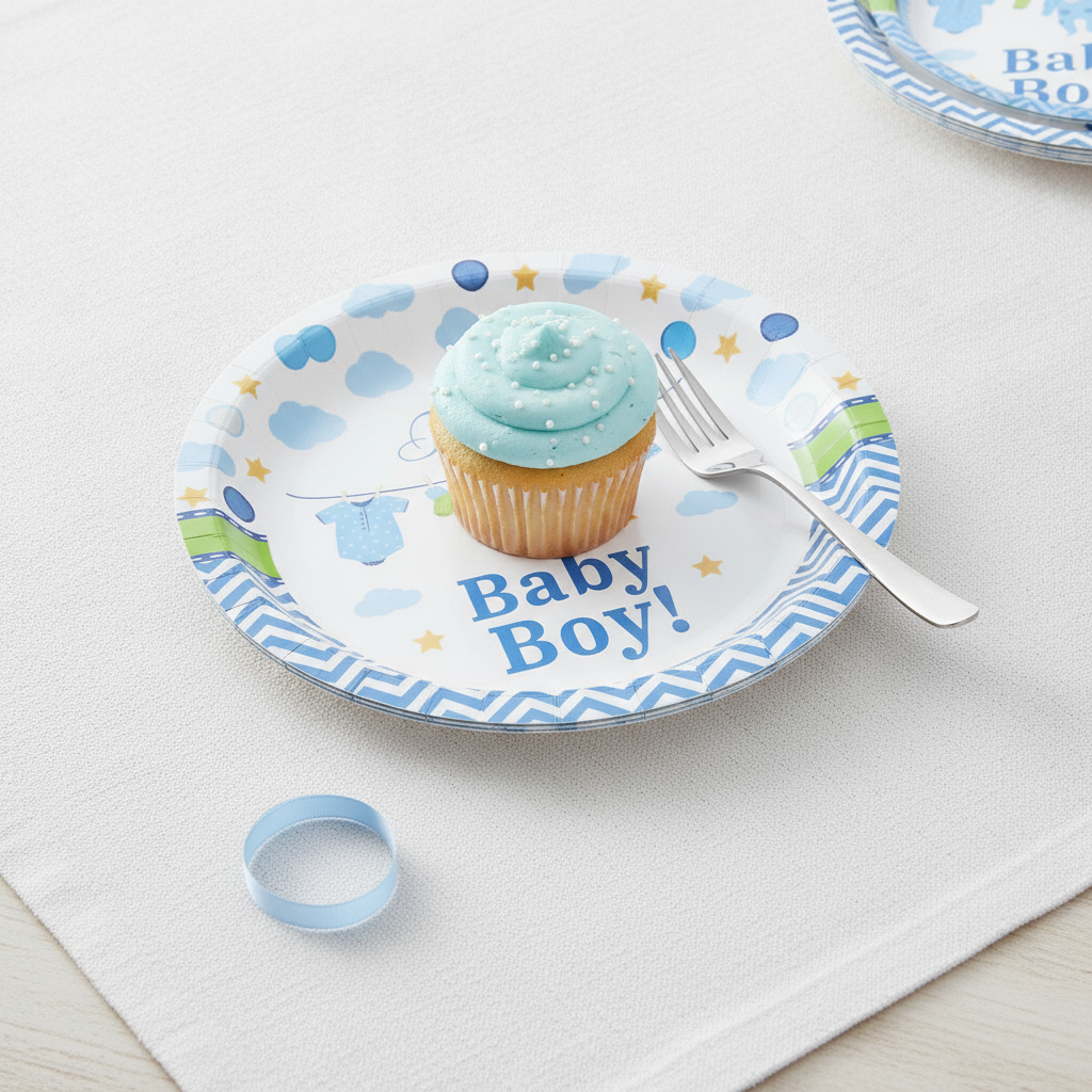 Angled close-up of a blue baby boy paper plate with a cupcake and silver fork