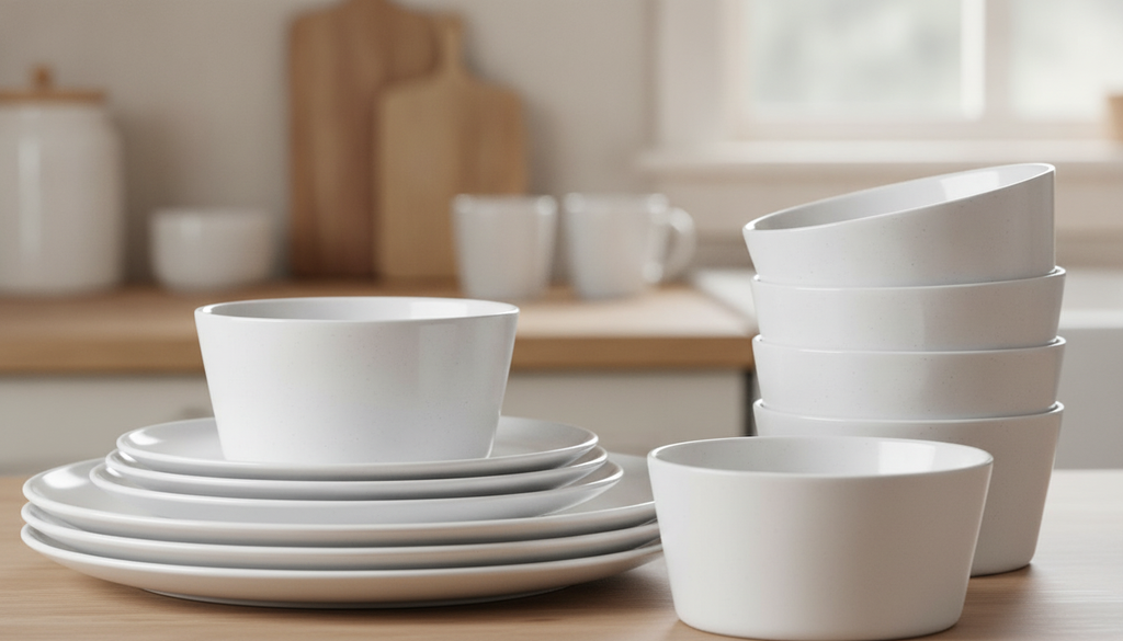Close-up of the matte satin glaze and fine speckles on Perla stoneware plates and bowls