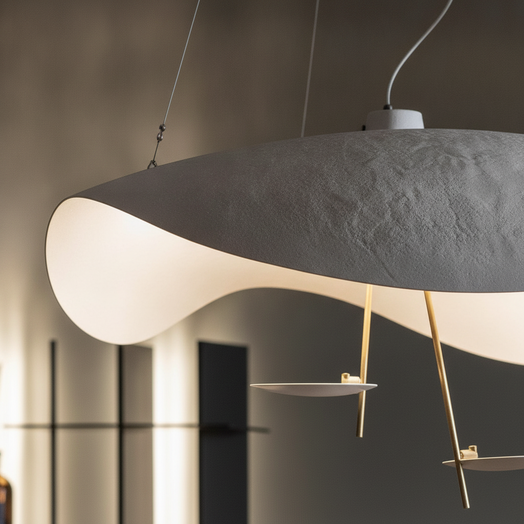Close-up of the matte sculptural disc shade, slim arm and warm underside glow