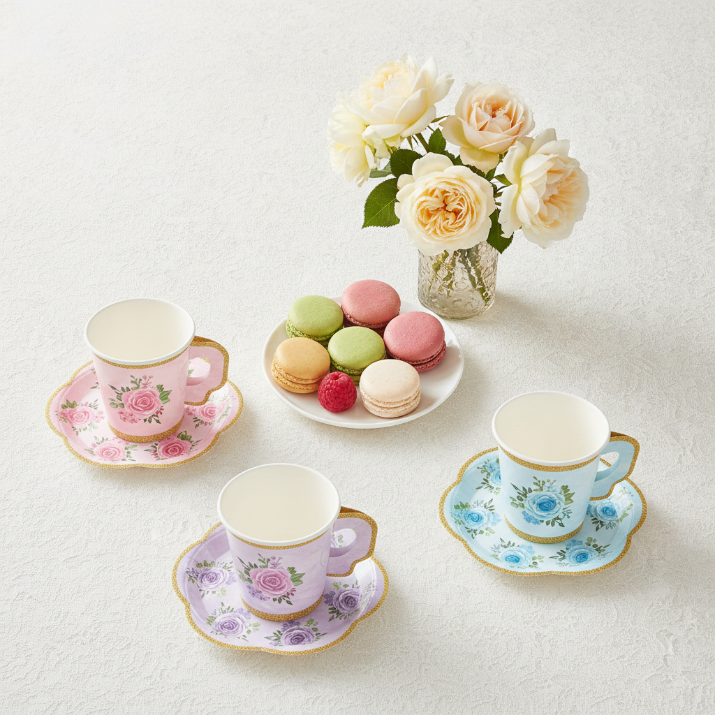 Pastel floral paper tea cups and flower-shaped saucers in a vintage high-tea flat-lay