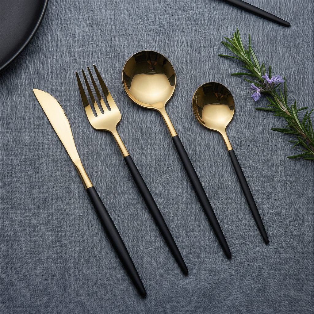 Overhead flat-lay of one gold and black flatware place setting on grey linen