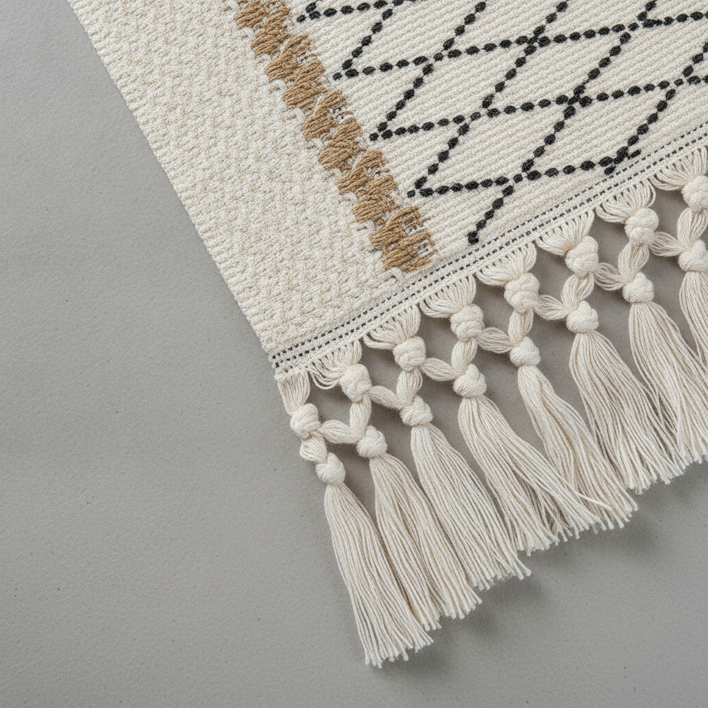 Overhead flat lay detail of the chunky cream hand-knotted macrame tassels on the boho table runner