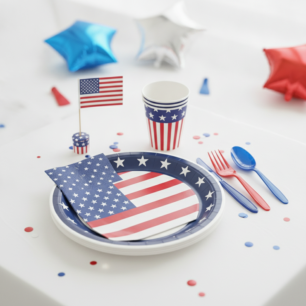 Single patriotic 4th of July place setting with red white and blue paper plates, napkin and cutlery