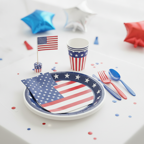 Single patriotic 4th of July place setting with red white and blue paper plates, napkin and cutlery