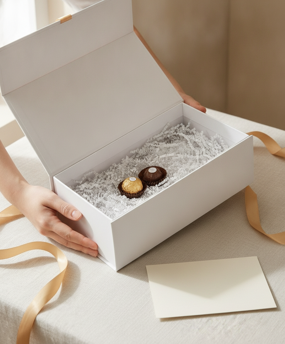 Hands opening the white magnetic gift box revealing chocolates and a card