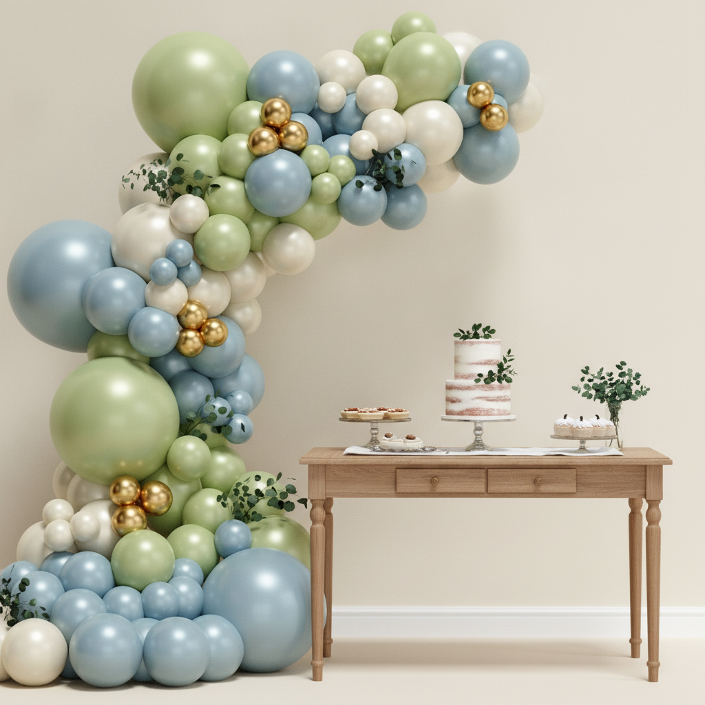 Sage green and dusty blue boho balloon garland over a bridal shower dessert table with eucalyptus