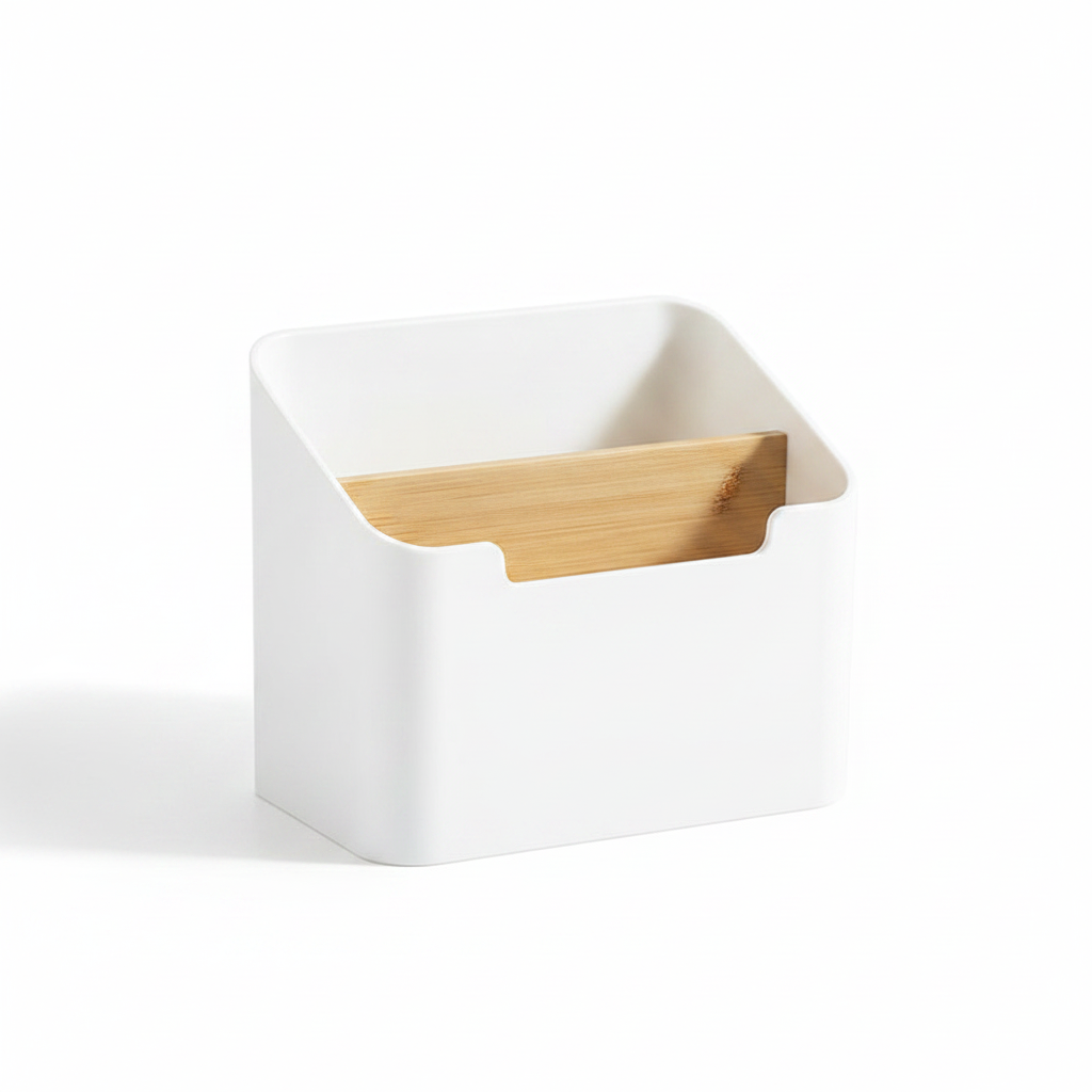 Snagly desk storage organizer white plastic box with bamboo divider on white background
