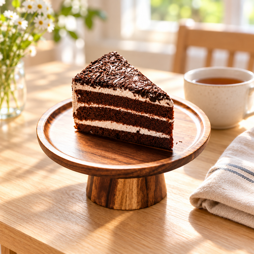 Small acacia wood dessert stand styled with a slice of cake; food and props not included