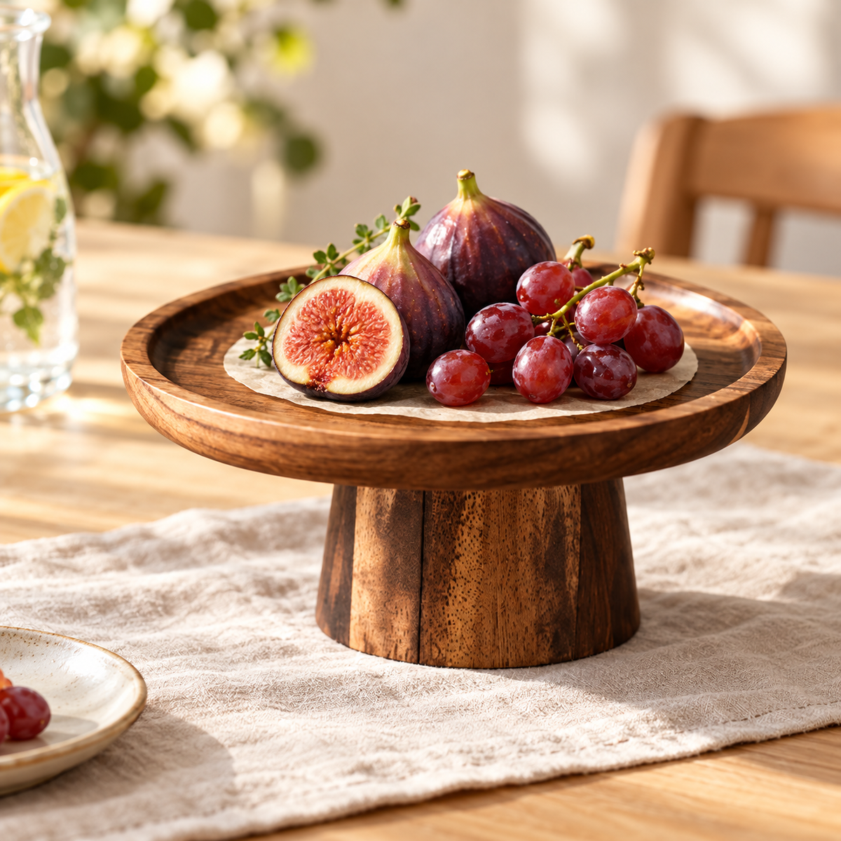 Acacia wood footed dessert stand styled with fruit; food and props not included