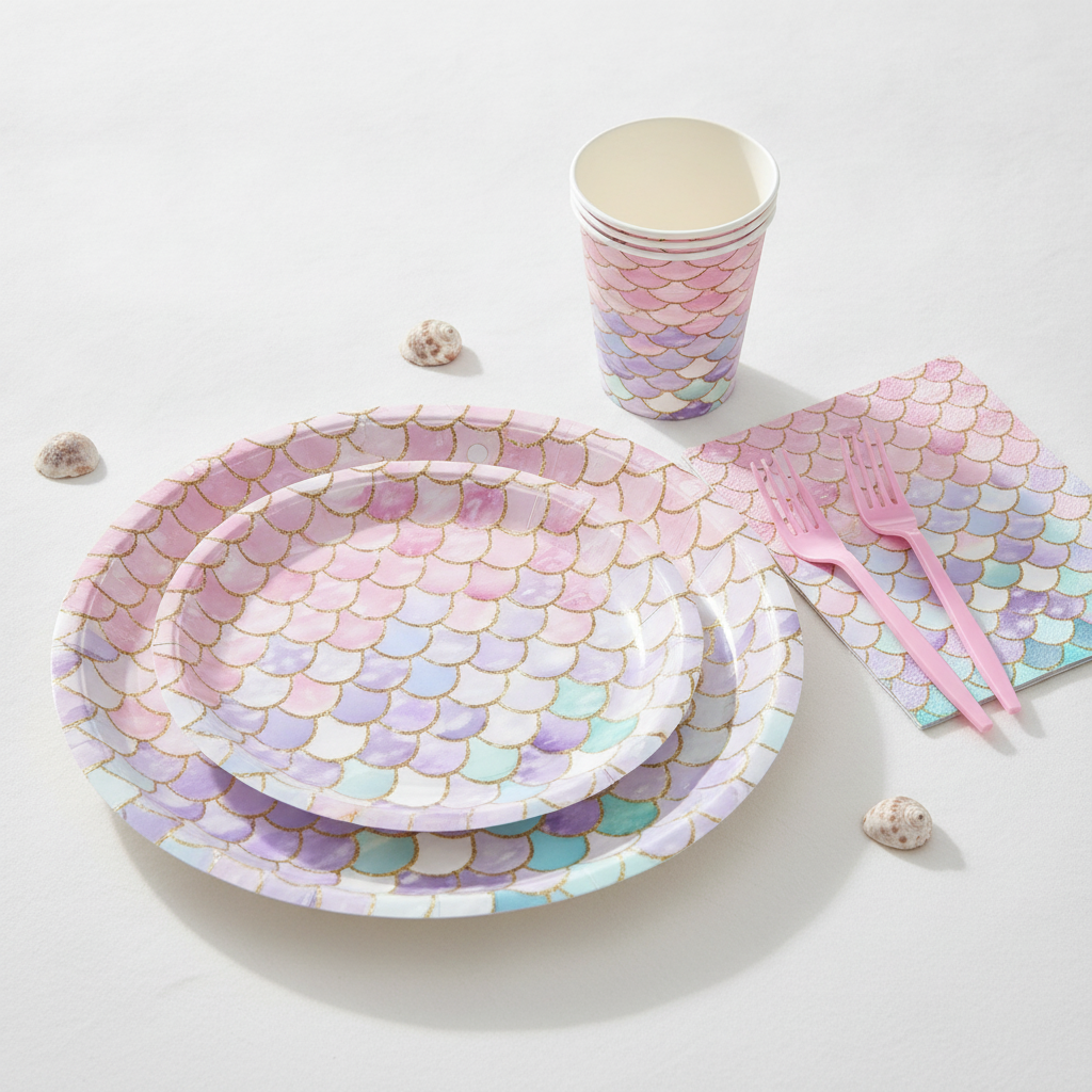 Mermaid scale paper plate, napkin, cup and fork place setting with seashells