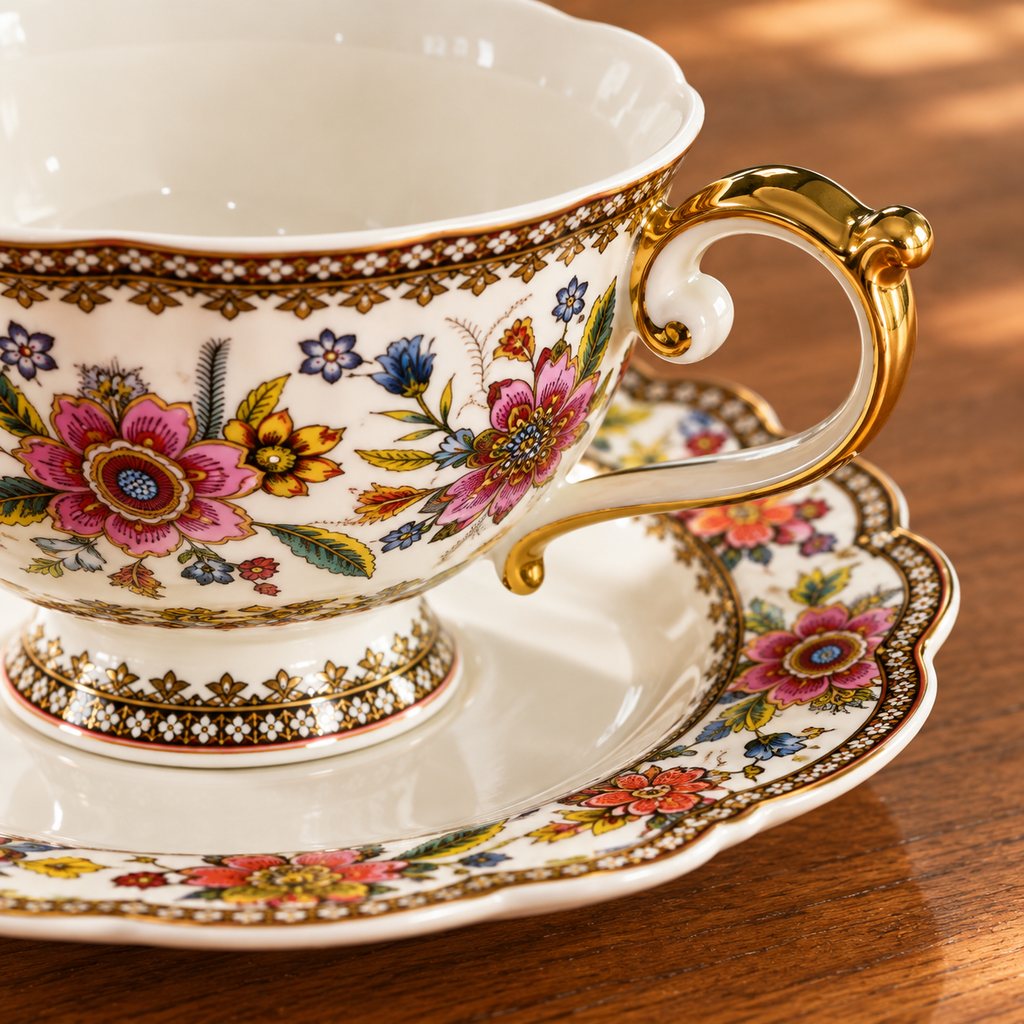 Gold-edged floral cup handle, pedestal and scalloped saucer detail