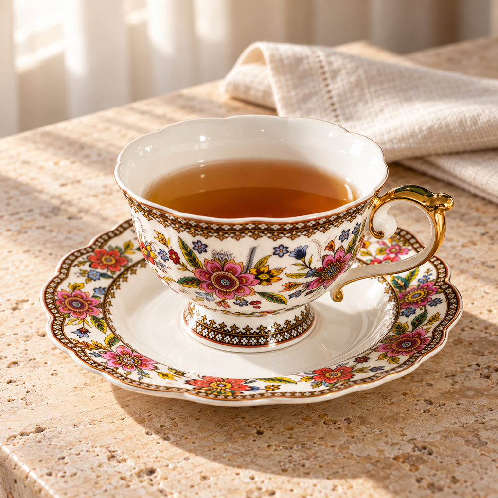 Floral cup and scalloped saucer with tea on travertine