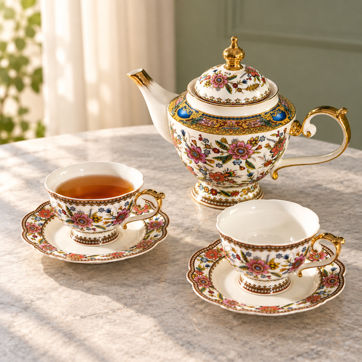 Floral teapot and two matching cups and saucers on a stone table