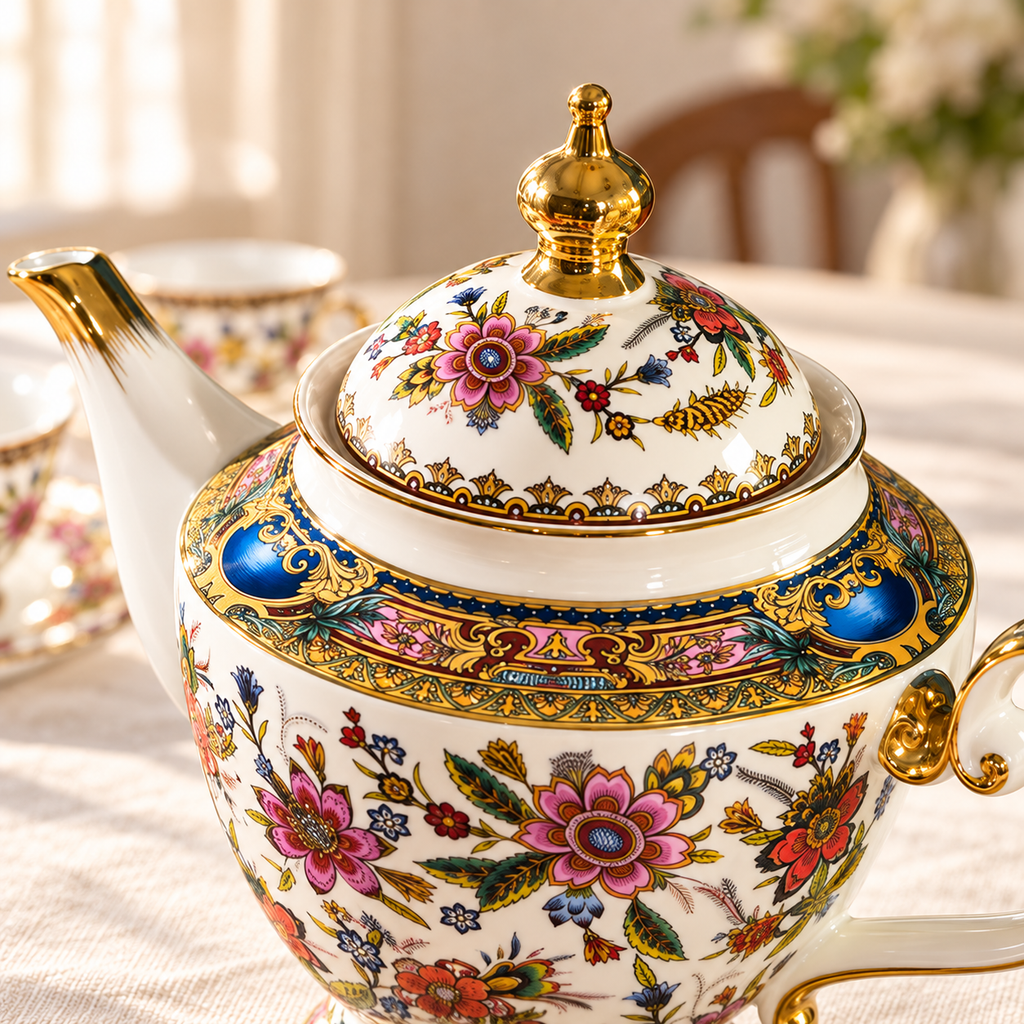 Floral teapot lid with gold finial and cobalt gold shoulder detail