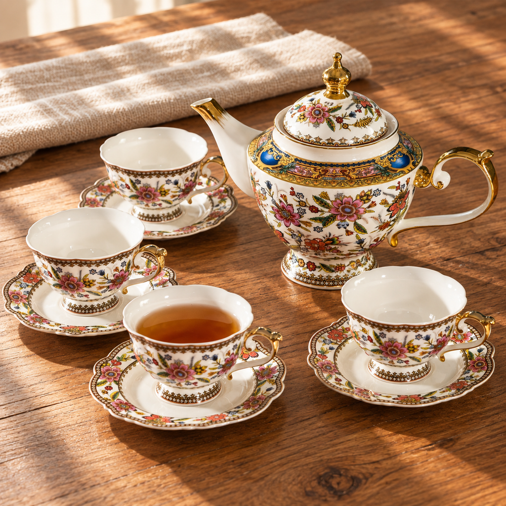 Floral cream tea set with cobalt and gold trim, teapot and four cups with saucers on a sunlit wood table